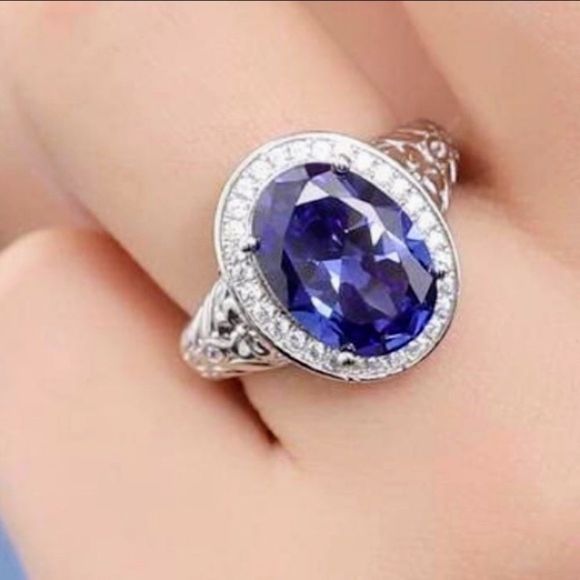 BNIB! BERRICLE STERLING SILVER OVAL SIMULATED SAPPHIRE RHODIUM PLTD RING- SIZE 6 - Picture 4 of 15